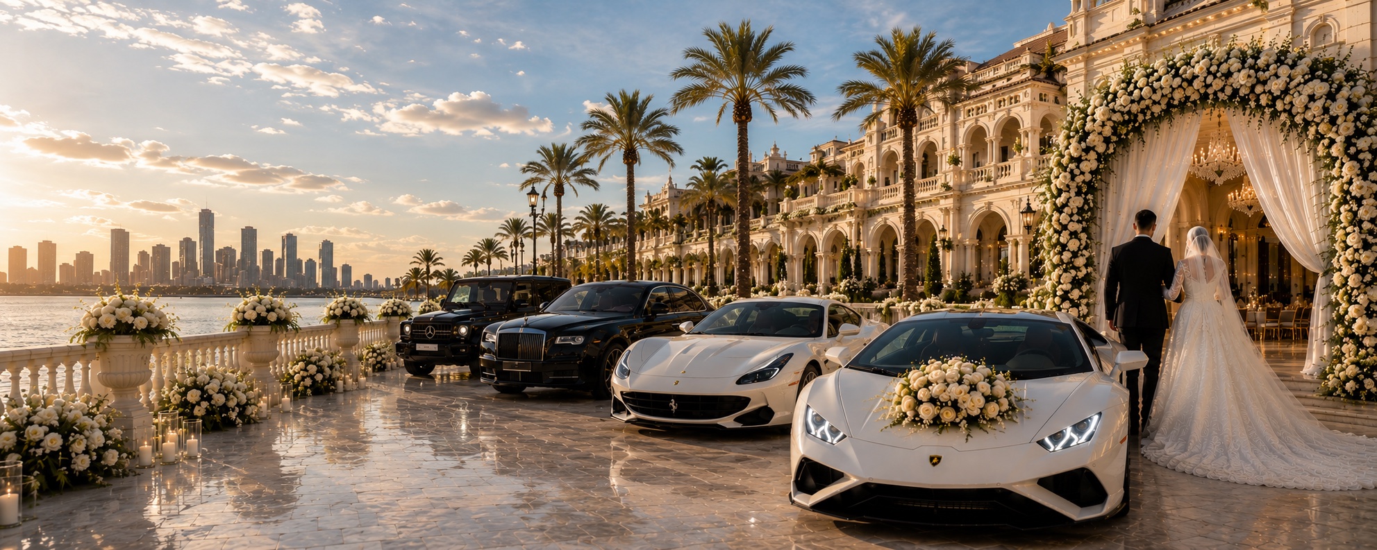 Luxury wedding cars prepared beside a waterfront ceremony venue